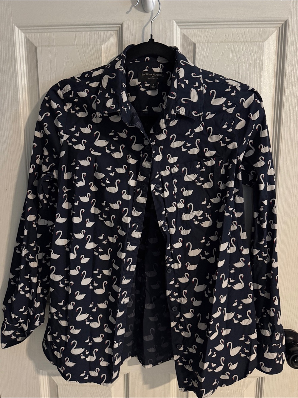 Banana Republic Navy Button-Down Shirt with White Swan Print